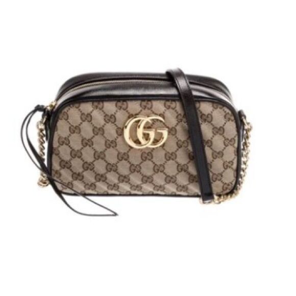 Gucci GG Monogram Canvas Marmont Chain Crossbody Bag Beige Black Women's Small - Picture 1 of 8